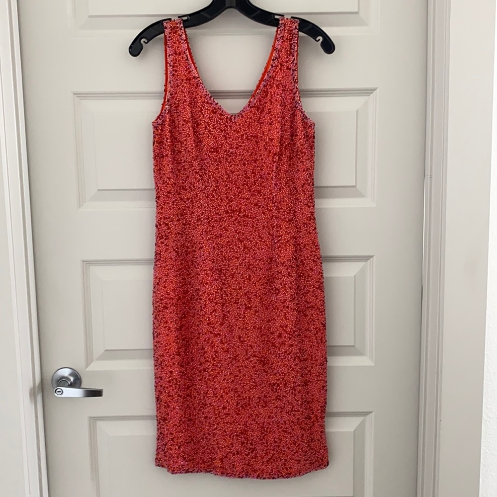 Stunning red and orange beaded sheath dress